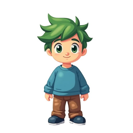 green haird guy with blue shirt and brown pants