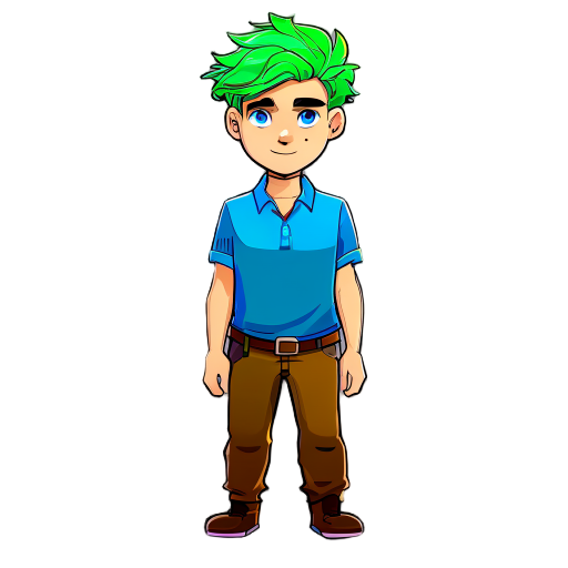 green haird guy with blue shirt and brown pants