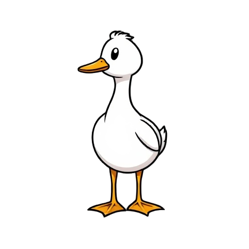 cute cartoon duck, simple outline, white body, black border, standing, looking right, minimalistic design, clean vector lines, transparent background