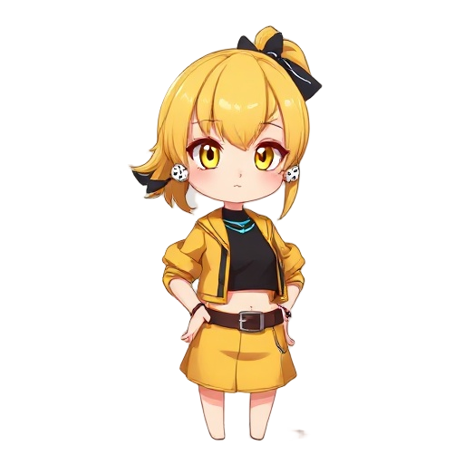 girl, yellow hair, ponytail, black ribbon, white dice earring, yellow eyes, black crop top, yellow skirt, open jacket, short skirt, belt, hip sheath, yellow jacket, plain black crop top, blue necklac