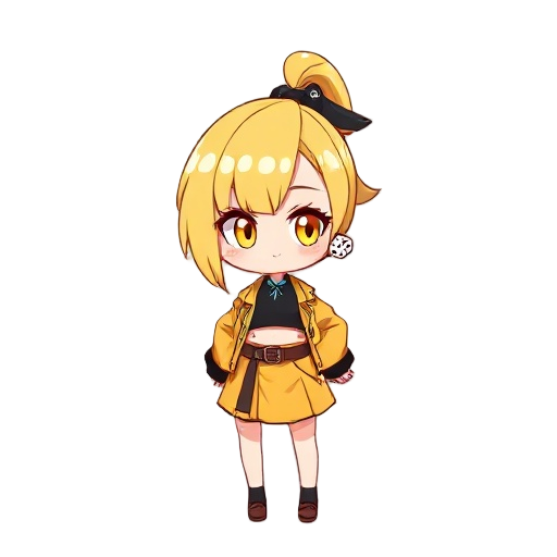 girl, yellow hair, ponytail, black ribbon, white dice earring, yellow eyes, black crop top, yellow skirt, open jacket, short skirt, belt, hip sheath, yellow jacket, plain black crop top, blue necklac
