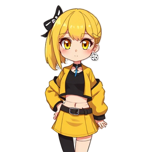 girl, yellow hair, ponytail, black ribbon, white dice earring, yellow eyes, black crop top, yellow skirt, open jacket, short skirt, belt, hip sheath, yellow jacket, plain black crop top, blue necklac
