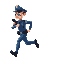 police officer in blue, running , view from side, gun in his hand