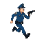 the character is a police officer dressed in a blue uniform, running towards the right with a gun in hand.