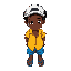 a black boy with a white cap with a yellow shirt and blue shorts he wears flip-flops, curly hair, colorfuk