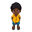 a black boy with a black cap with a yellow shirt and blue shorts he wears flip-flops, curly hair, 