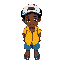 a black boy with a white cap with a yellow shirt and blue shorts he wears flip-flops, curly hair, colorfuk