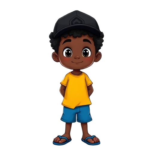 a black boy with a black cap with a yellow shirt and blue shorts he wears flip-flops, curly hair, 