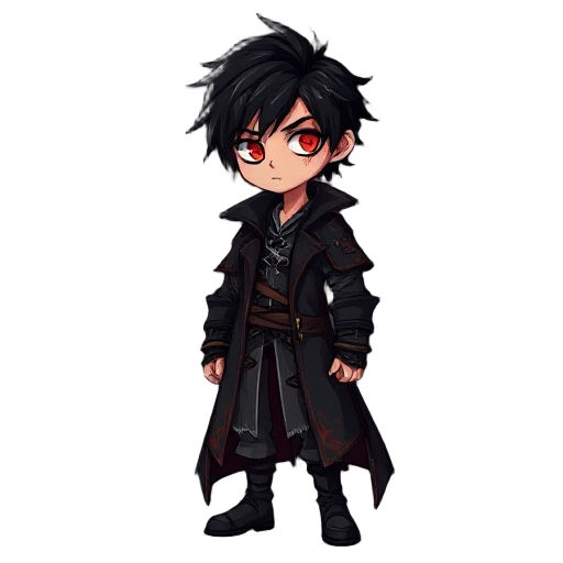 dark fantasy male character, 19 years old, athletic and battle-scarred. black messy hair, glowing red or white eyes, young face with a haunted expression. wears a long tattered black coat with crimson