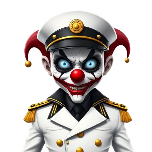 a creepy but stylish clown character wearing a white naval officer uniform with gold accents and black trim. the clown has glowing icy blue eyes, a painted red nose, cracked porcelain face paint pubg 