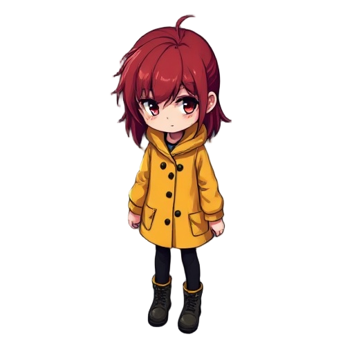 anime girl, red messy hair, yellow raincoat, black leggings, winter boots, soft shading, isometric view, dark ghibli horror style, moody lighting, full body, plain background.