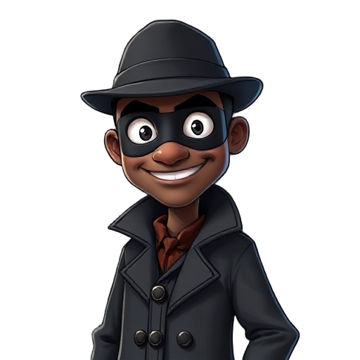 black man in a detective outfit and wearing a mask with a smile
