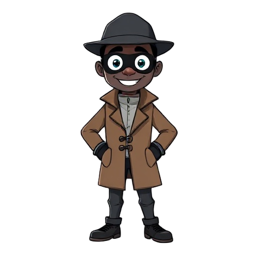 black man in a detective outfit and wearing a mask with a smile