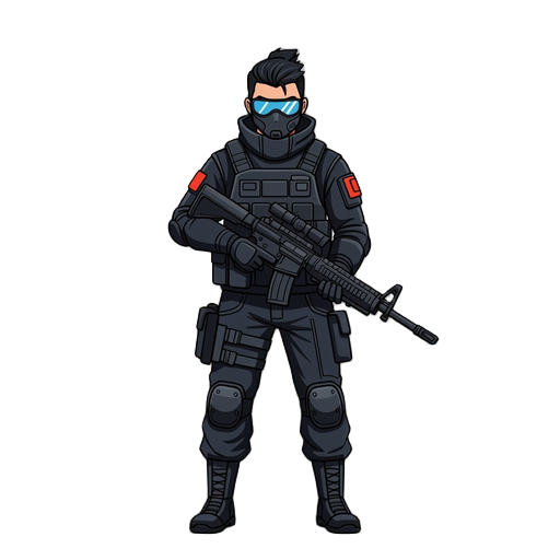 top down shooter in a black japanese futuristic gear wear with a rifle