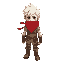 a young adventurer with white shaggy hair. he has a red scarf wrapped around his head and over his mouth. the ends hang down to his waist. he is wearing light leather armor and boots. 