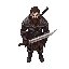gritty 2arrior who uses a large bustersword. charcoal and silver medium armor with red accents. brown medium length hair, short well kept bear.