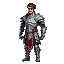 2d pixel warrior base stance for game asset. silver and back armor with red accents. dark brown medium hair with short shaggy beard. 