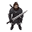 gritty 2arrior who uses a large bustersword. charcoal and silver medium armor with red accents. brown medium length hair, short well kept bear.