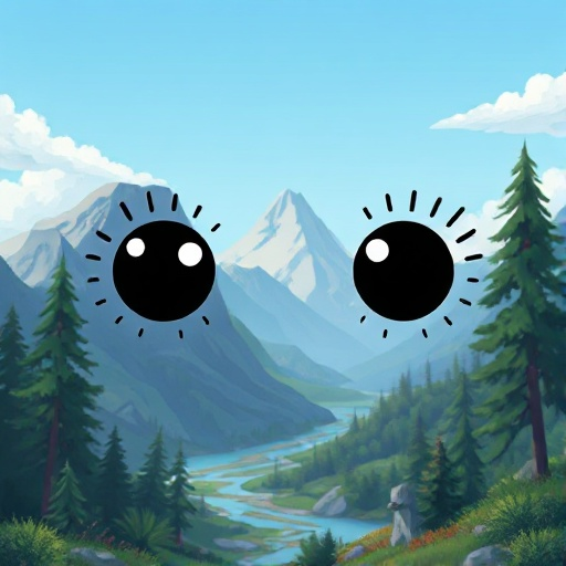 generate eyes and mouths black as dots and lines on the background of the natural landscape