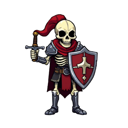 afrontal view of a skeleton knight with a sword and a shield, old armor and a red, rotten cape. in the style of a 16 bit pixel game.