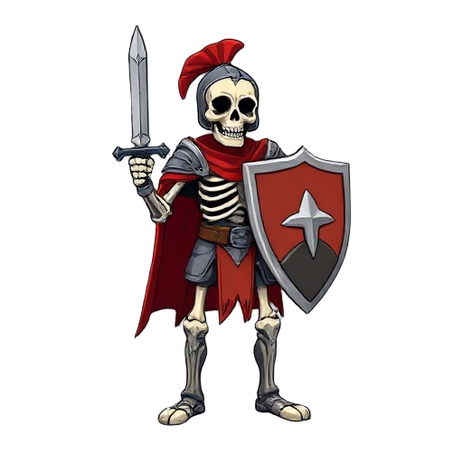 a skeleton knight with a sword and a shield, old armor and a red, rotten cape.