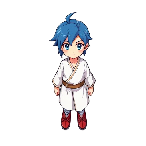 blue hair, white tunic, red shoes