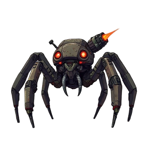 giant pixel-art robot spider, mad max style, with rusted armor, glowing red eyes, back-mounted laser, in a post-apocalyptic wasteland. retro 16-bit vibe, gritty and hostile atmosphere.