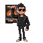 man in sunglasses and leather jacket with one arm up front wearing a power glove with a tv in the background that is playing the news with tanks and jets and fire and smoke on the tv