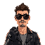 man in sunglasses and leather jacket with one arm up front wearing a power glove with a tv in the background that is playing the news with tanks and jets and fire and smoke on the tv