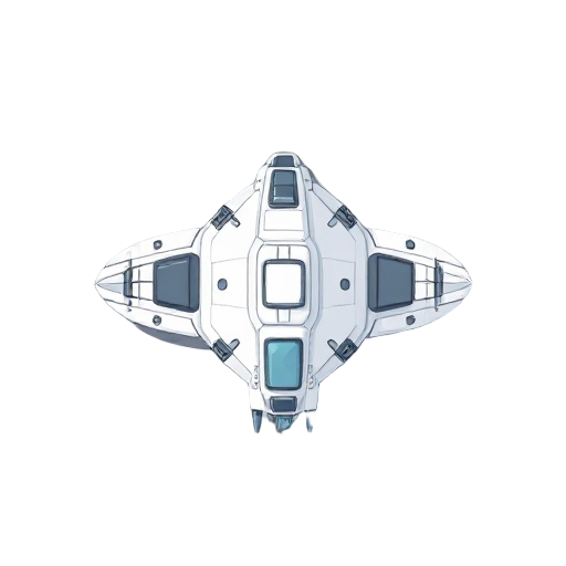 art of a spaceship from top down that is primarily white with hints of gray and light blue