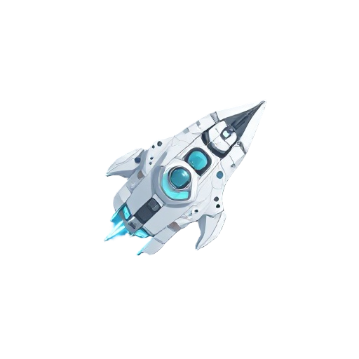 art of a spaceship from top down that is primarily white with hints of gray and light blue. its in a darker setting, so make it dark