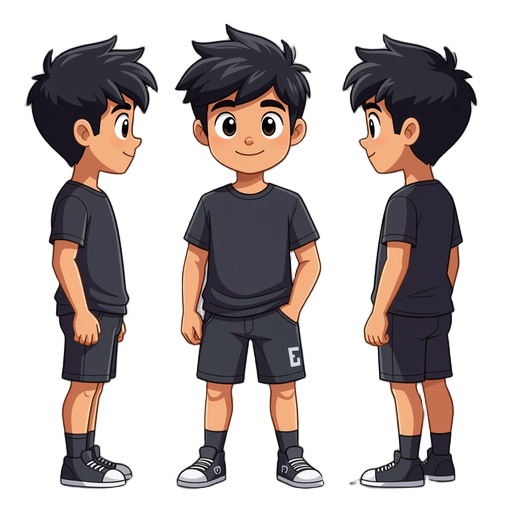 um personagem com uma pochete cabelo preto camiseta barnca e short preto com mao no bolso
