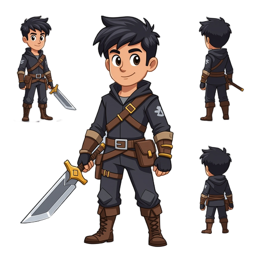 um personagem adulto com uma mini faquinha de ataque com uma pochete cabelo preto e roupa preta