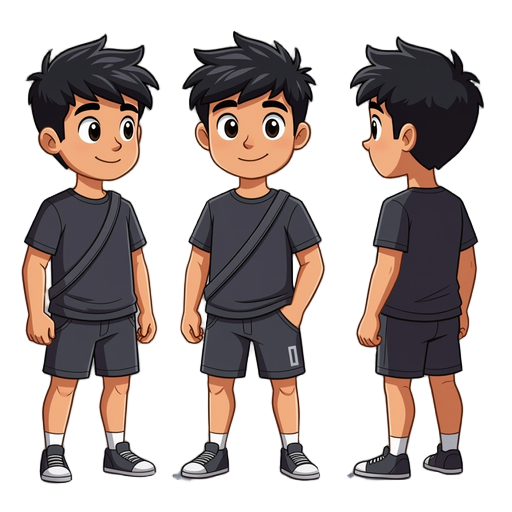 um personagem com uma pochete cabelo preto camiseta barnca e short preto com mao no bolso