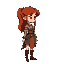 red haired female in a medieval setting. body position is facing right. right.
