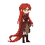 red haired female in a medieval setting. body position is facing right, long hair.