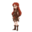 red haired female in a medieval setting. body position is facing right, long hair.