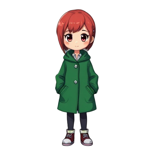 a girl with red hair with a green coat