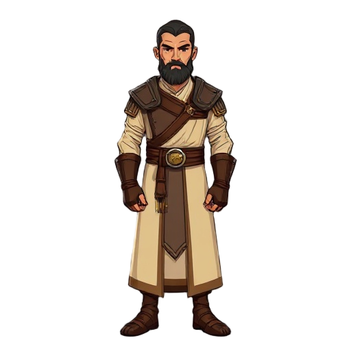 a noble north african warrior-king inspired by 8th-century morocco. he wears a long, cream-colored robe reaching below the knees, paired with a dark brown leather chest armor and matching leather glov