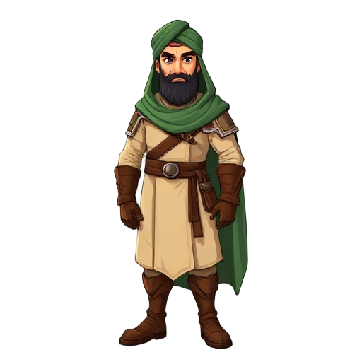 a noble 8th-century north african warrior-king wearing a cream robe, brown leather armor, gloves, and boots, with a green turban and hood draped over his shoulders.