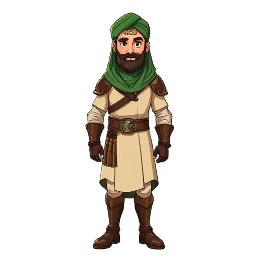 a noble 8th-century north african warrior-king wearing a cream robe, brown leather armor, gloves, and boots, with a green turban and hood draped over his shoulders.