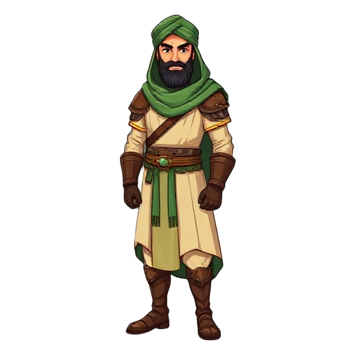 a noble 8th-century north african warrior-king wearing a cream robe, brown leather armor, gloves, and boots, with a green turban and hood draped over his shoulders.