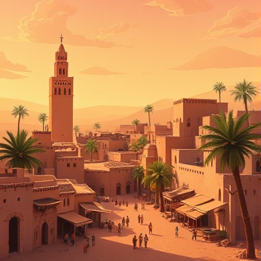 background of 11th-century marrakech (almoravid era), with mud-brick buildings, souks, palm trees, minaret, desert landscape, and warm sunset light. medieval north african style.