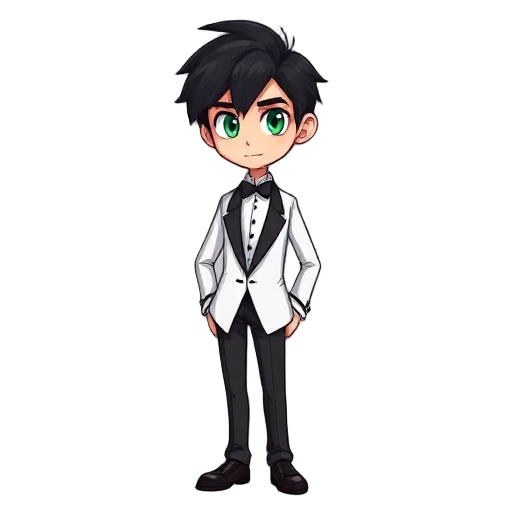 man (around 16 years of age) with medium messy black hair and emerald green eyes. they're wearing a tuxedo and shoes