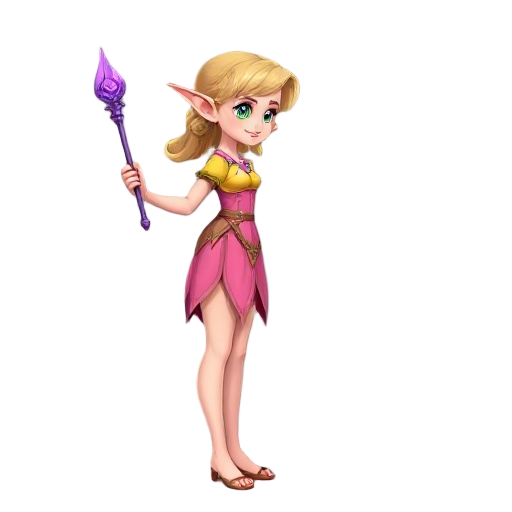 side view of a elf lady wearing a pink dress holding purple wand and yellow top, whole body shot 