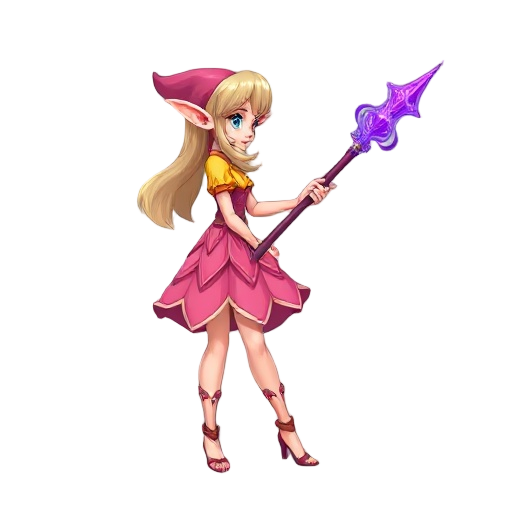 side view of a elf lady wearing a pink dress holding purple wand and yellow top, whole body shot