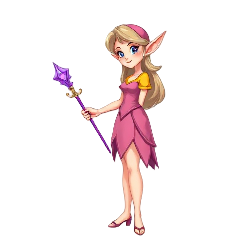 side view of a elf lady wearing a pink dress holding purple wand and yellow top, whole body shot