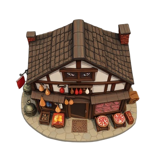 exterior, south-facing, top down view of a medieval butcher shop