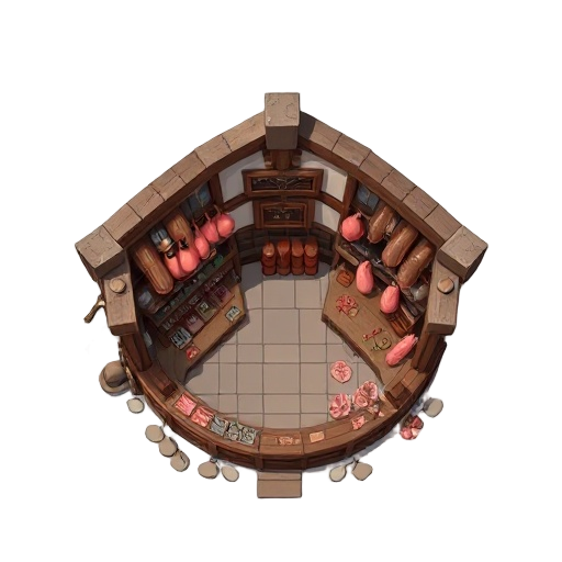 south-facing, top down view of a medieval butcher shop
