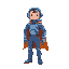 an astronaut in a blue suit and orange cape